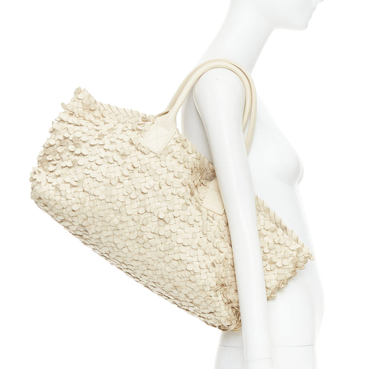 BOTTEGA VENETA Limited Poussin Paillettes Cabat beige leather woven applique bag