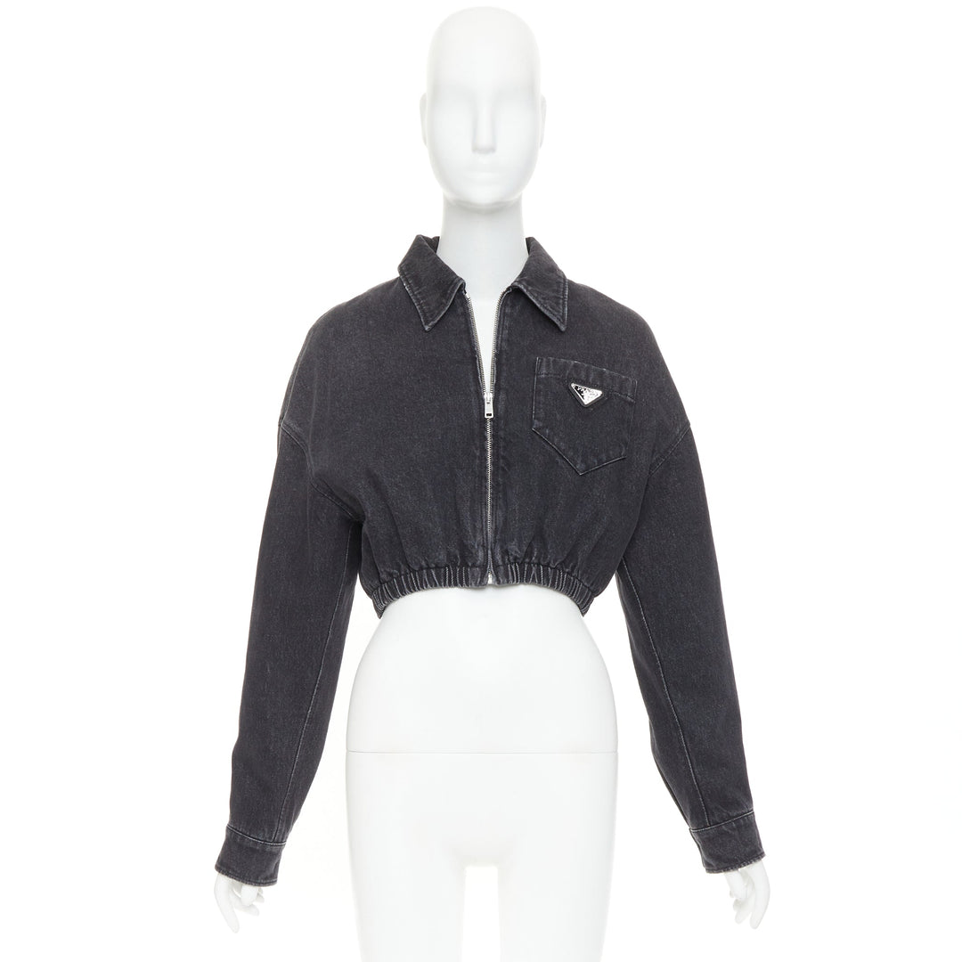 PRADA 2022 grey faded denim triangle logo plague cropped blouson jacket IT40 S