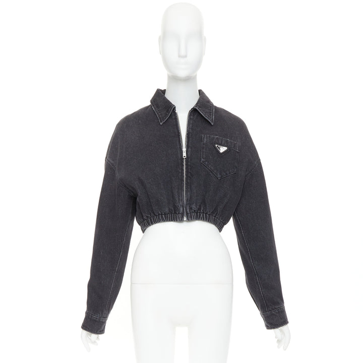 PRADA 2022 grey faded denim triangle logo plague cropped blouson jacket IT40 S