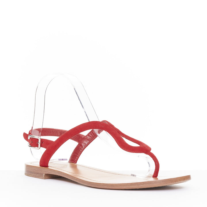 PRADA red suede leather wavy tstrap thong ankle buckle comfort flat sandals EU37
