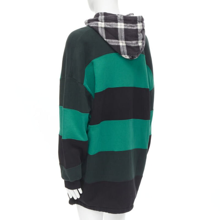 BALENCIAGA Demna green black striped patchwork checked hoodie sweater L