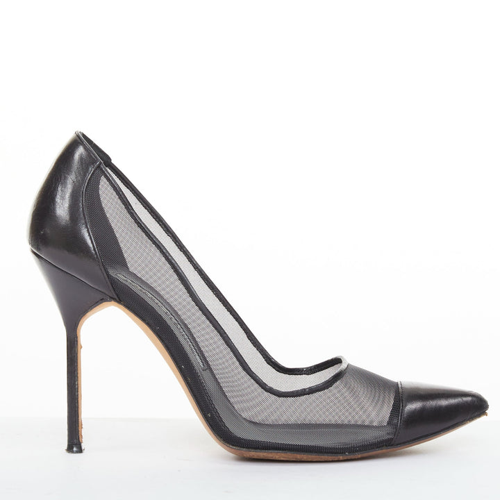 MANOLO BLAHNIK Capcour 90 black sheer mesh leather cap toe stiletto pumps EU37