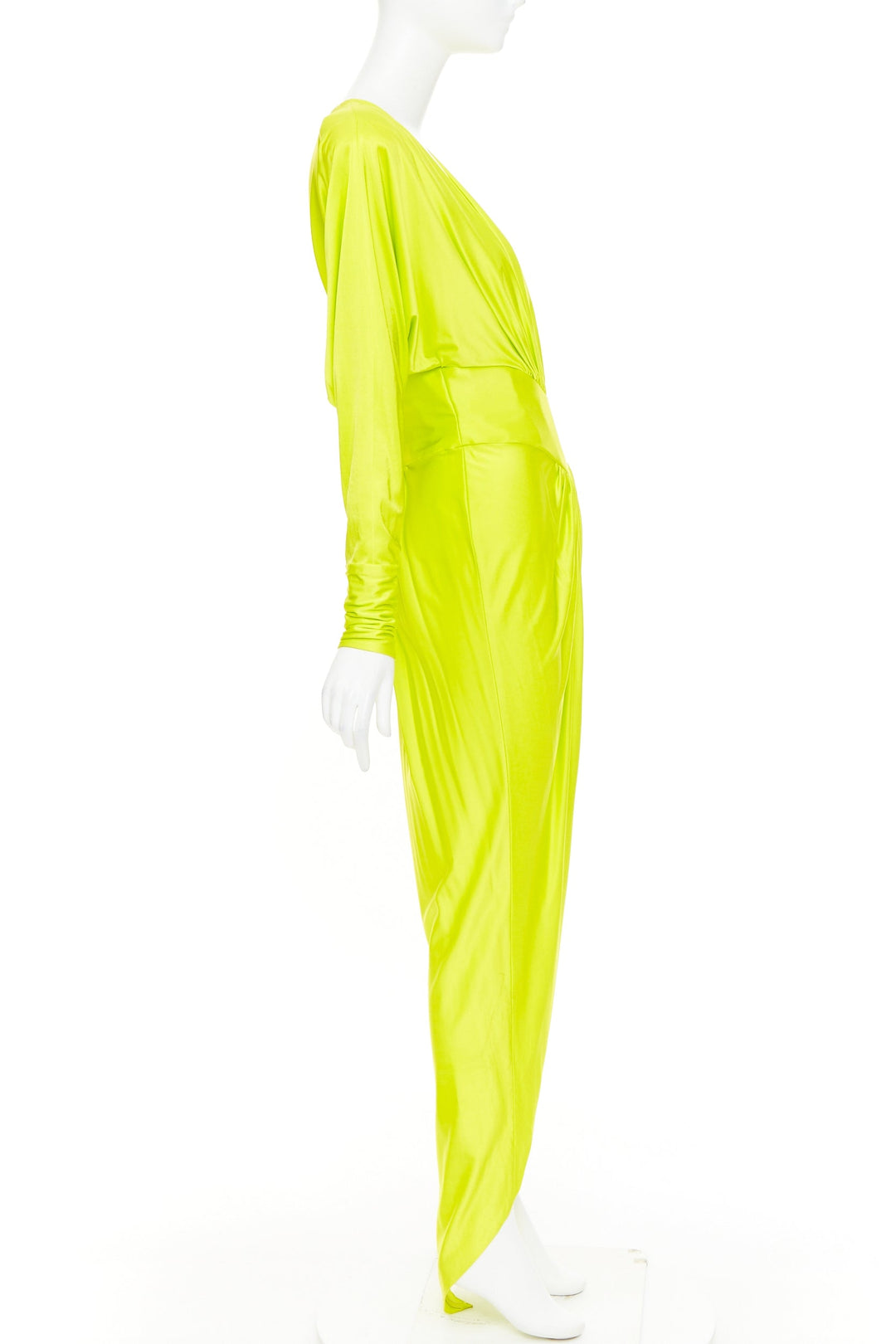 ALEXANDRE VAUTHIER neon yellow viscose Power shoulder plunge drape dress