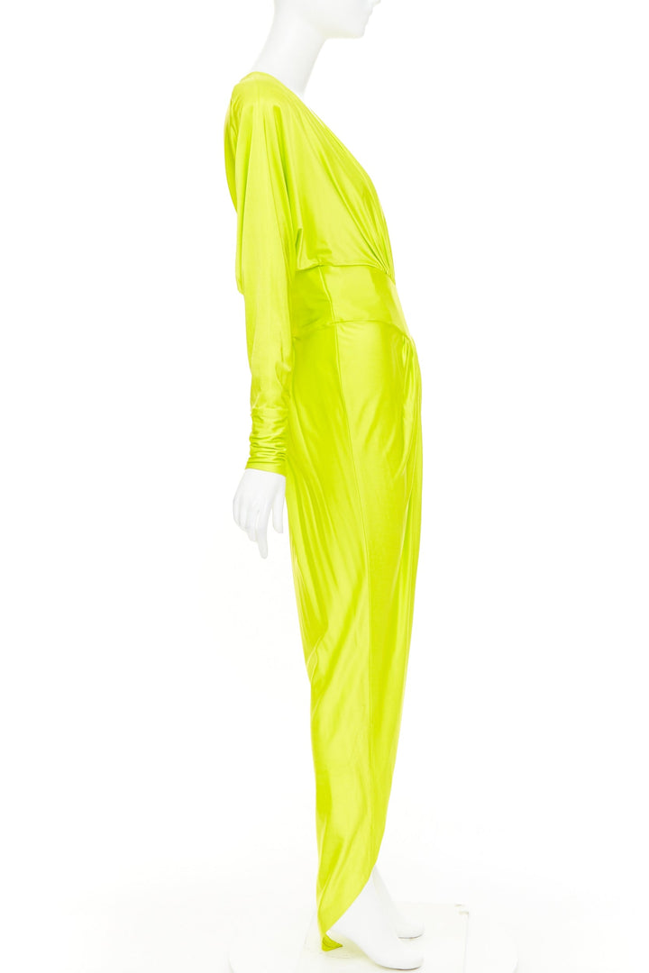 ALEXANDRE VAUTHIER neon yellow viscose Power shoulder plunge drape dress