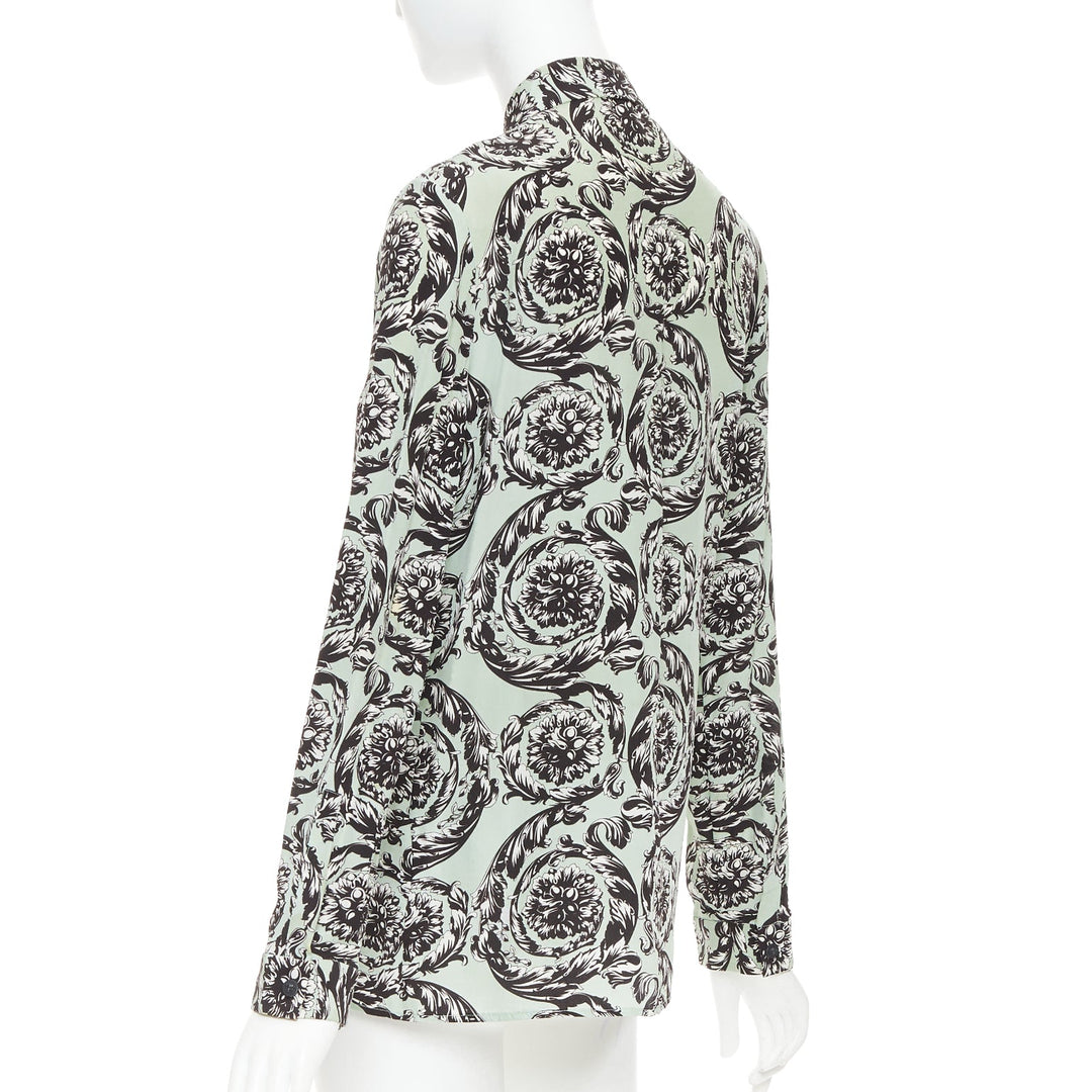 VERSACE 100% silk green black baroque floral print button up shirt IT38 XS