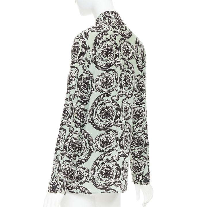 VERSACE 100% silk green black baroque floral print button up shirt IT38 XS