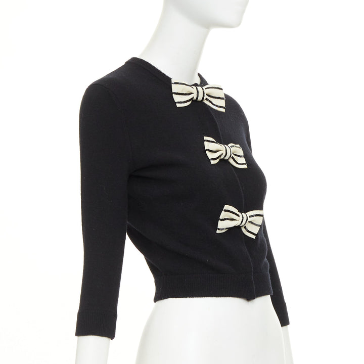 VALENTINO black virgin wool striped sequin trio bow knit cardigan XS