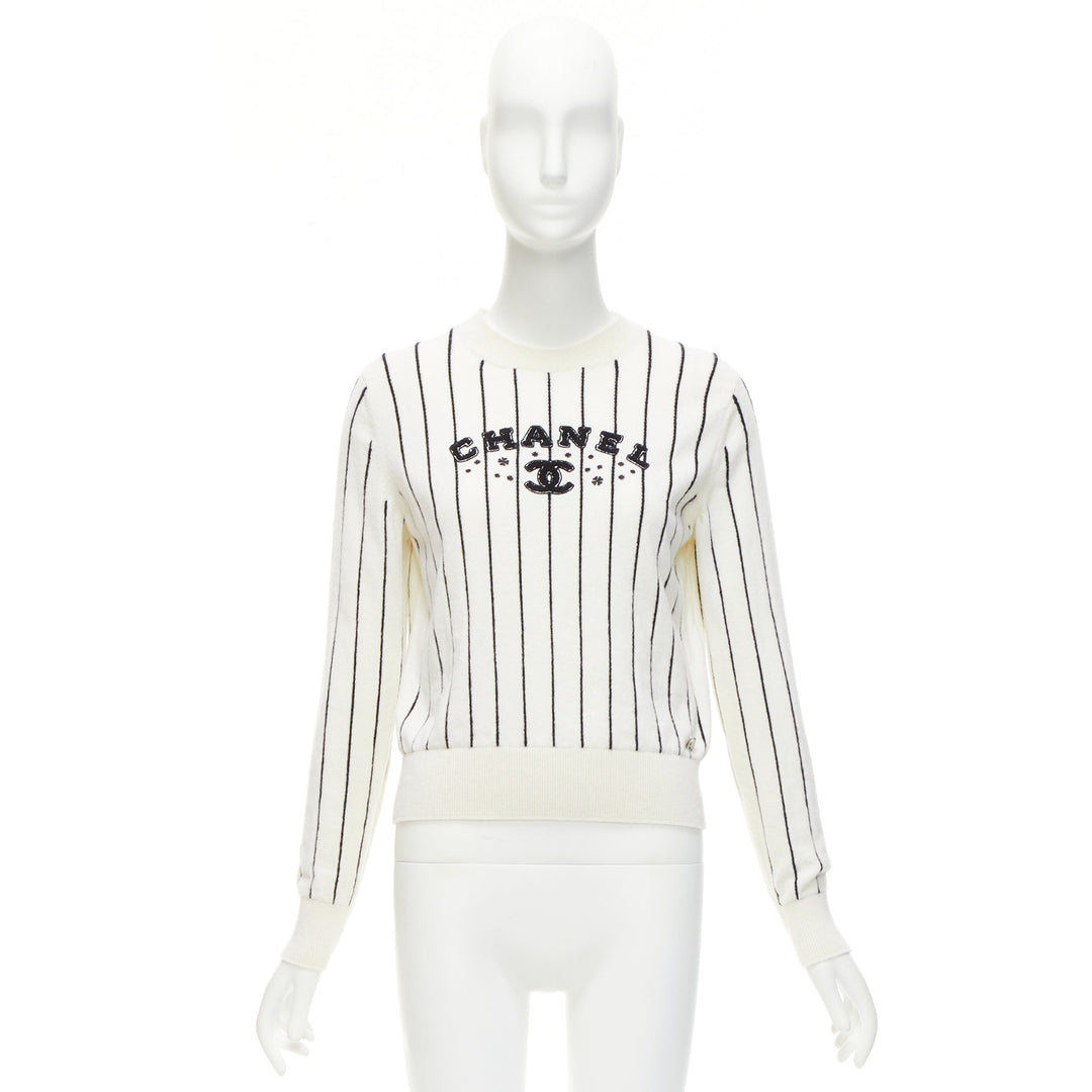 CHANEL 2023 100% cashmere cream black striped logo varsity sweater top FR36 S