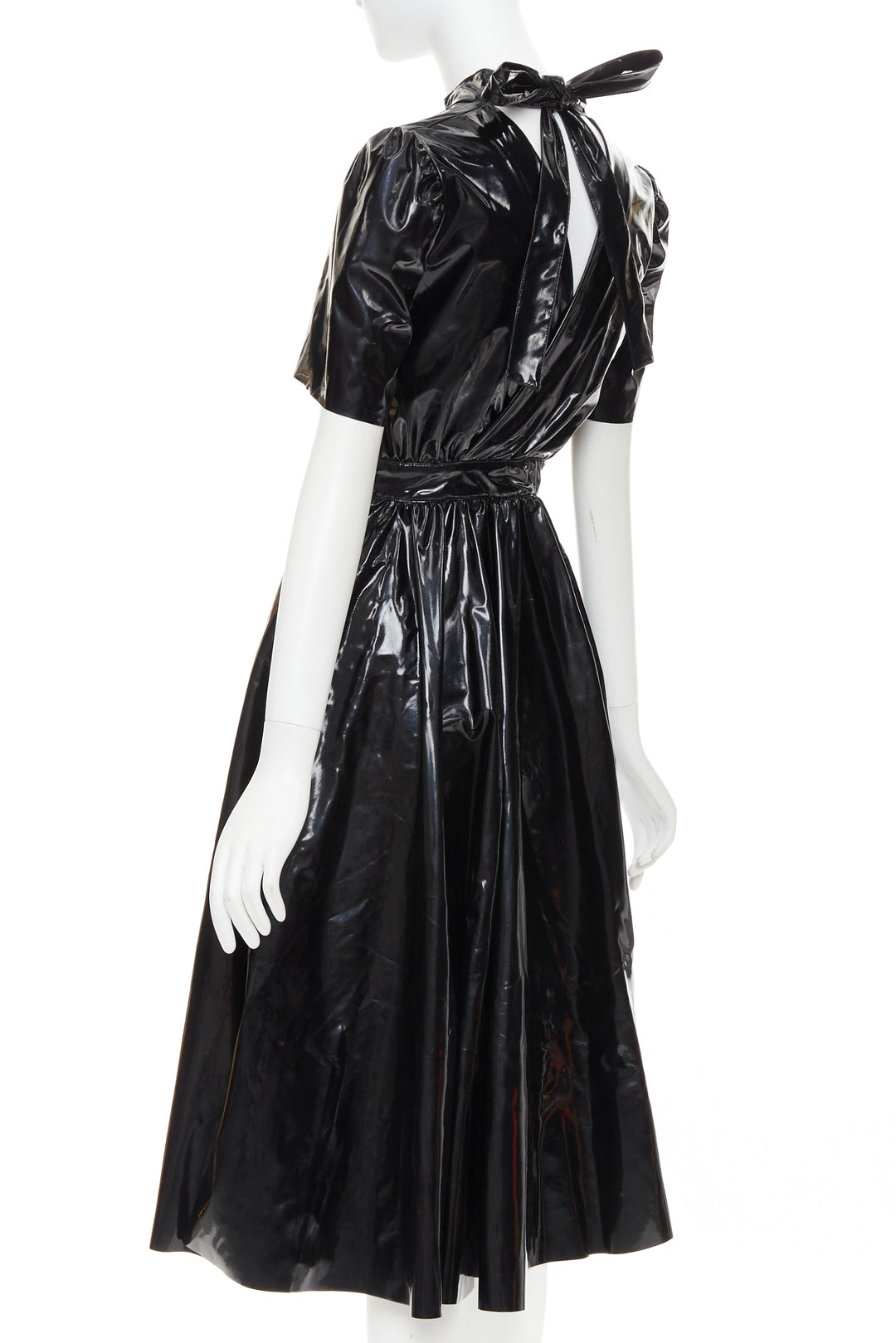 MSGM Vinyl Midi Nero black PVC short sleeve back bow tie midi dress IT38 XS