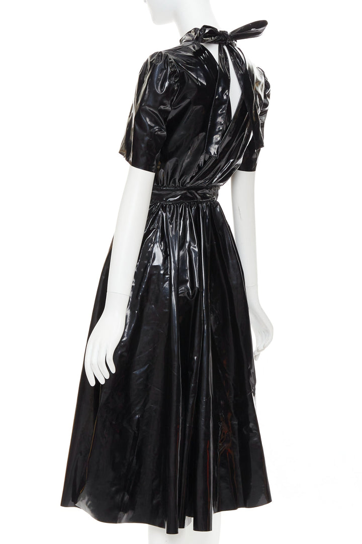 MSGM Vinyl Midi Nero black PVC short sleeve back bow tie midi dress IT38 XS