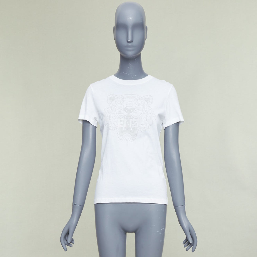 KENZO Jungle white cotton grey tiger felt print fitted crew tshirt S