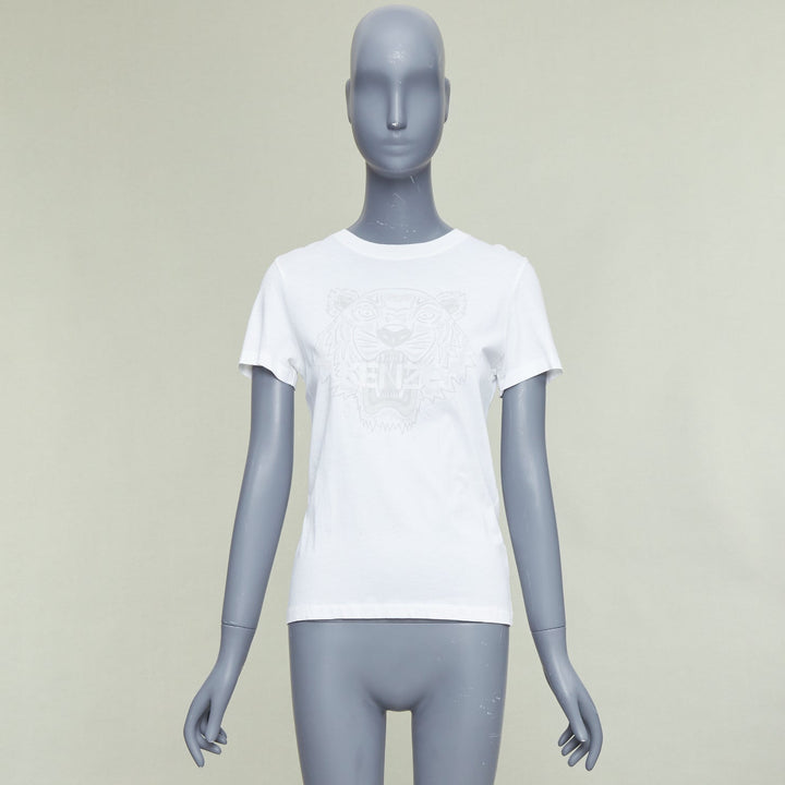 KENZO Jungle white cotton grey tiger felt print fitted crew tshirt S