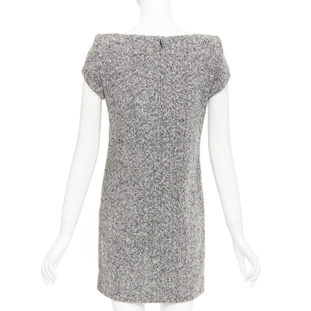SAINT LAURENT 2013 grey boucle wool tweed silk padded shoulder dress FR36 S