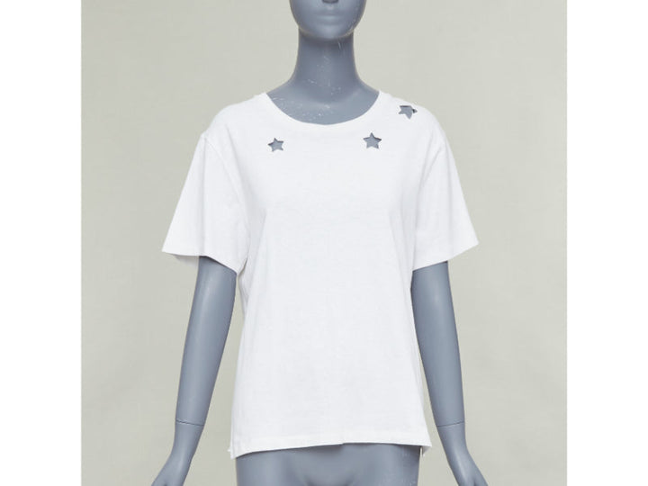 SAINT LAURENT off white cotton star embroidered cut out relaxed tshirt