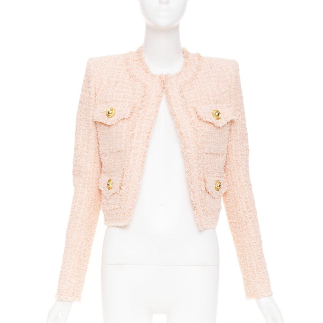 BALMAIN 2023 Pink Collarless Frayed Hem Four Pocket Cropped Tweed jacket FR34 XS