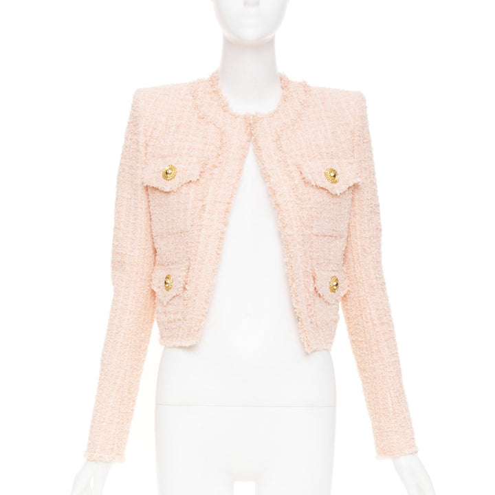 BALMAIN 2023 Pink Collarless Frayed Hem Four Pocket Cropped Tweed jacket FR34 XS