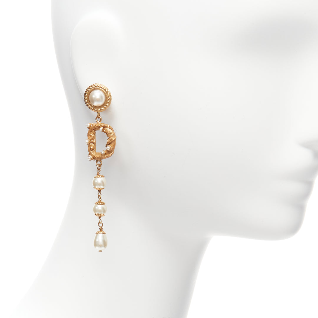 rare DOLCE GABBANA gold tone DG logo baroque pearl tiered drop clip earrings