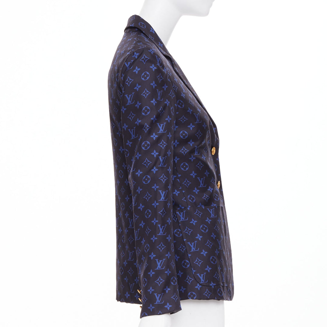 LOUIS VUITTON navy blue lightweight silk LV monogram gold button blazer FR34 XS