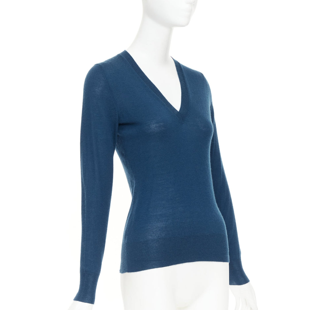 ALEXANDER MCQUEEN dark teal blue wool knit V-neck long sleeve  sweater XS