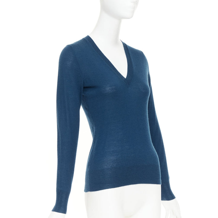 ALEXANDER MCQUEEN dark teal blue wool knit V-neck long sleeve  sweater XS