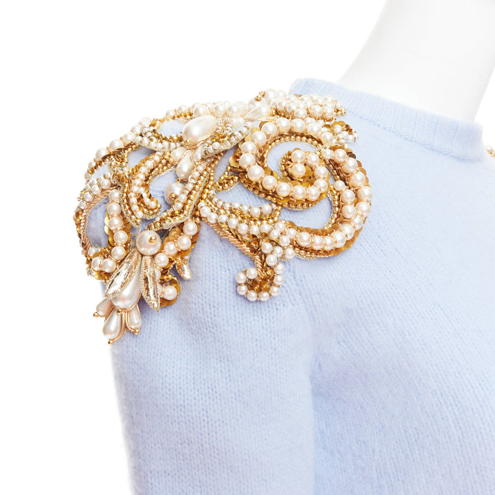 BALMAIN powder blue wool cashmere gold pearl embellished sweater FR36 S