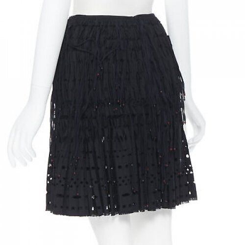 ALAIA black geometric cut out pleated shirred red bead fringe skirt FR38 M