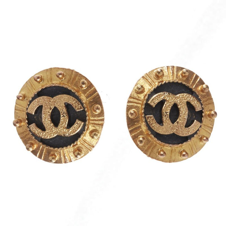 CHANEL Vintage 1990's gold black CC studded clip on earrings