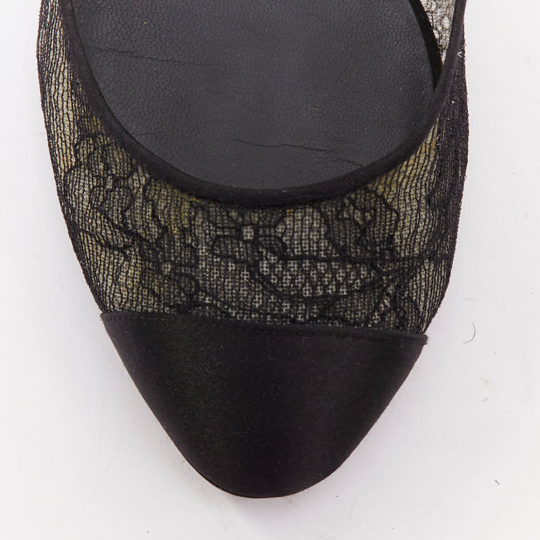 CHANEL black CC logo floral lace satin toe cap nude underlay ballet flats EU37