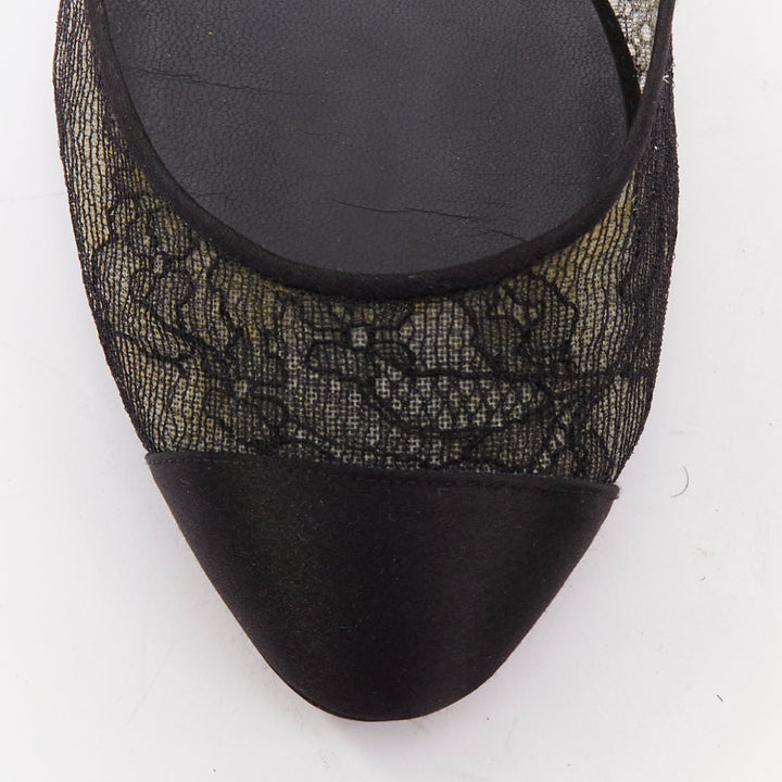 CHANEL black CC logo floral lace satin toe cap nude underlay ballet flats EU37