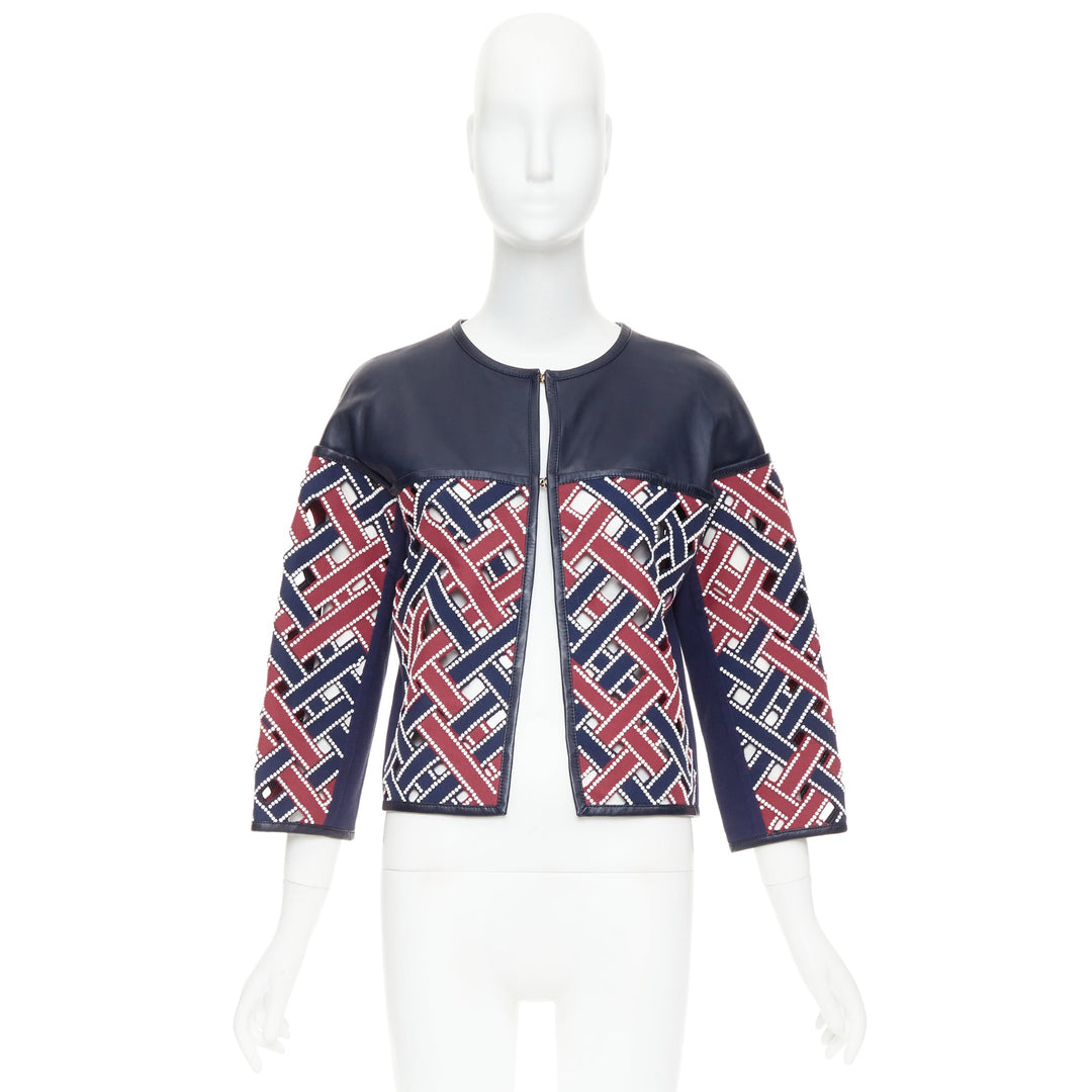 LOUIS VUITTON 2012 Runway navy red sequinned cut out woven leather jacket FR36 S