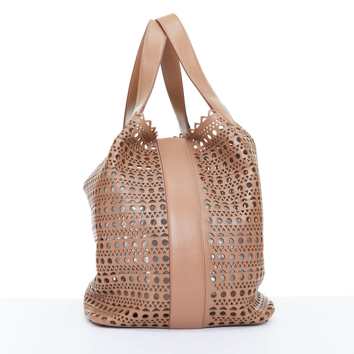 ALAIA Le Mina 32 Sable tan Vienne laser cut openwork calfskin leather tote bag