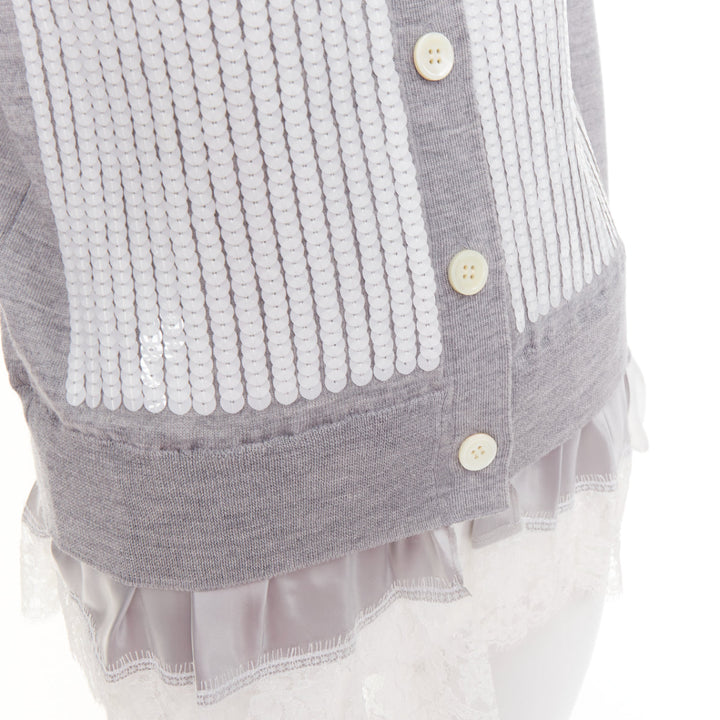 SACAI 2012 grey wool white sequin lace ruffle scallop hem cardigan JP1 S