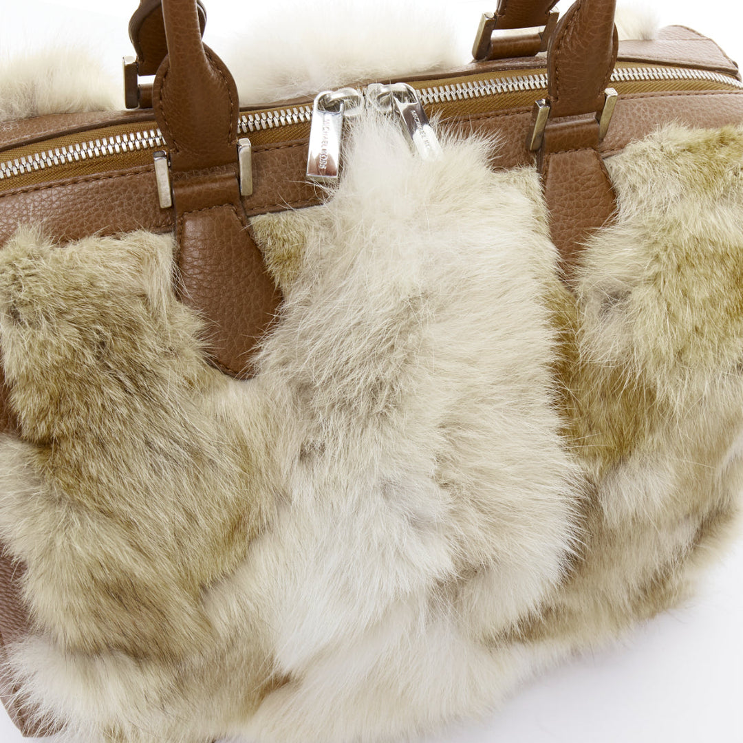 MICHAEL KORS COLLECTION brown leather cream coyote fur duffel tote bag