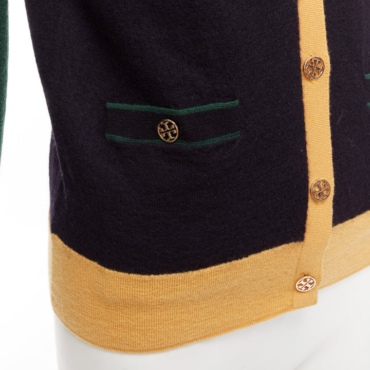 TORY BURCH 100% merino wool colorblocked logo button cardigan sweater M