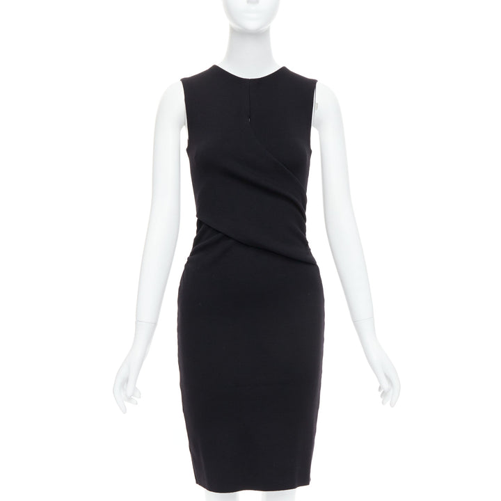 CHRISTIAN DIOR black wool wrap ruched waist sheath dress FR36 S