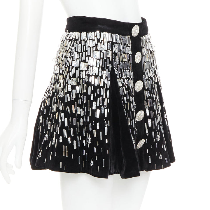 BALMAIN Embellished Skater black silver beads sequins flare mini skirt FR34 XS