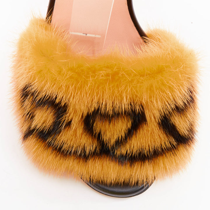 FENDI yellow pink mink fur black lambskin fluffy high heel sandals EU37