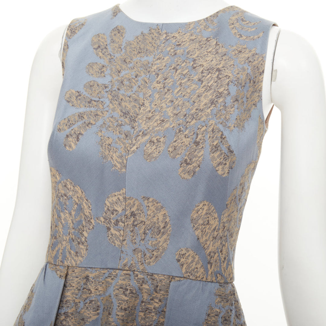 OSCAR DE LA RENTA F07 grey gold floral cotton flax jacquard dress US2 S
