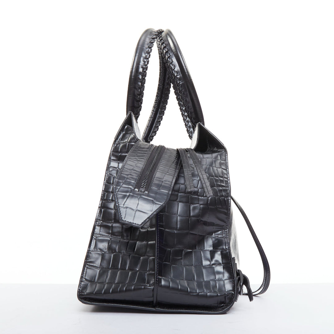 BALENCIAGA 2021 Neo Classic City black matte croc embossed leather satchel bag