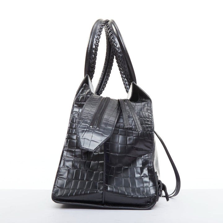 BALENCIAGA 2021 Neo Classic City black matte croc embossed leather satchel bag