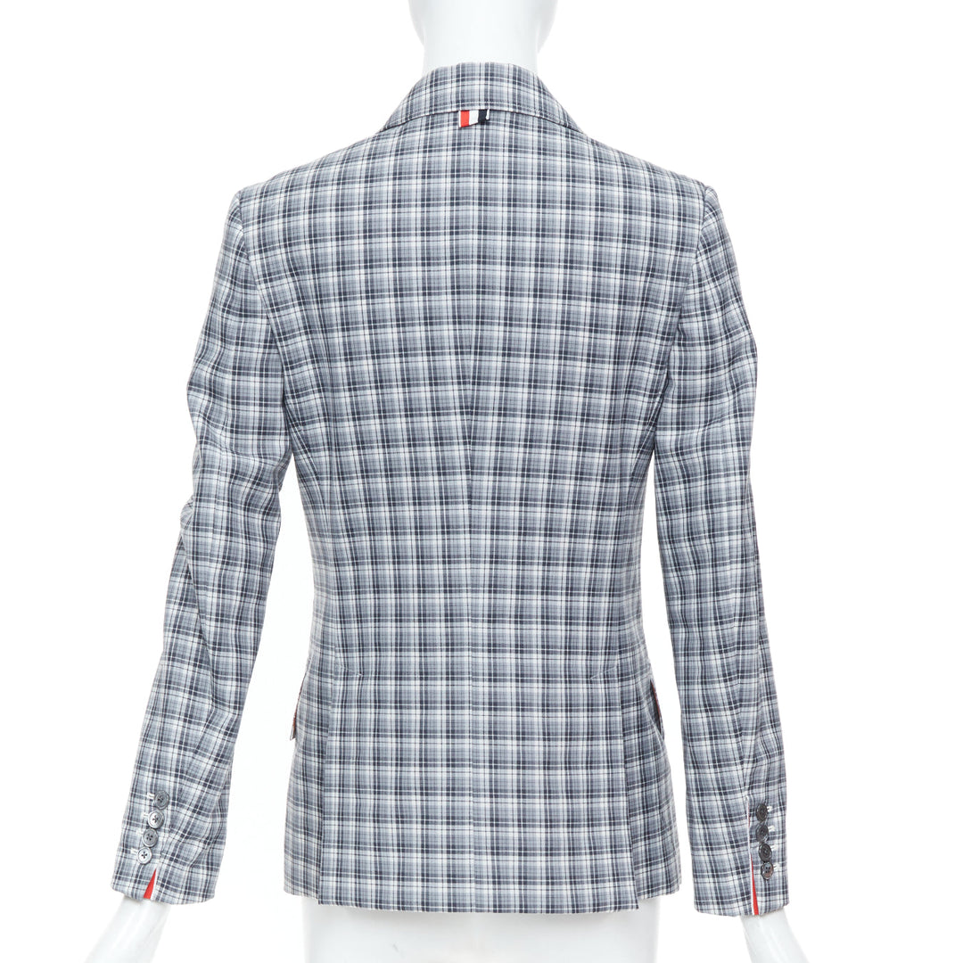 THOM BROWNE grey navy plaid wool multicolor silk lined tailoring blazer IT40 S