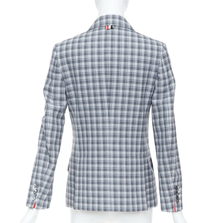 THOM BROWNE grey navy plaid wool multicolor silk lined tailoring blazer IT40 S