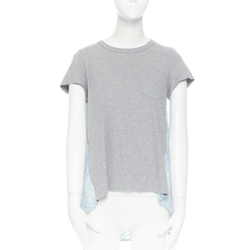 SACAI LUCK grey 100% cotton light blue lace back short sleeve mullet t-shirt JP1