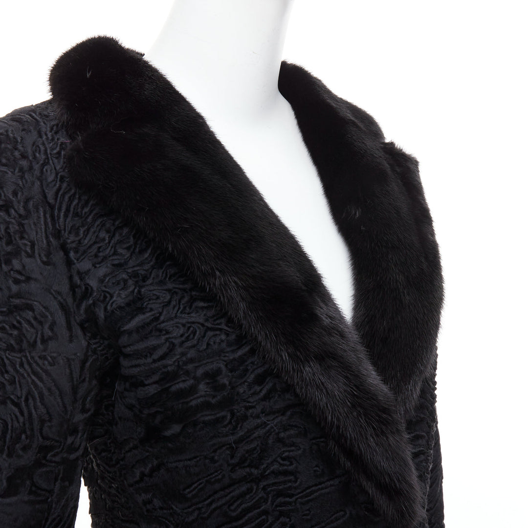 CHRISTIAN DIOR black lamb mink fur silk lined long coat FR38 M