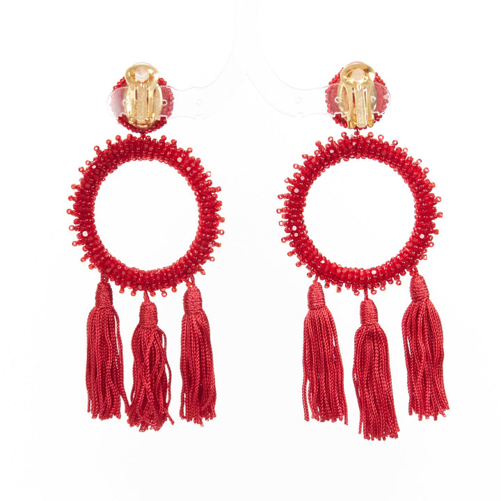 OSCAR DE LA RENTA red beaded tassel fringe circle hoop clip on earrings pair