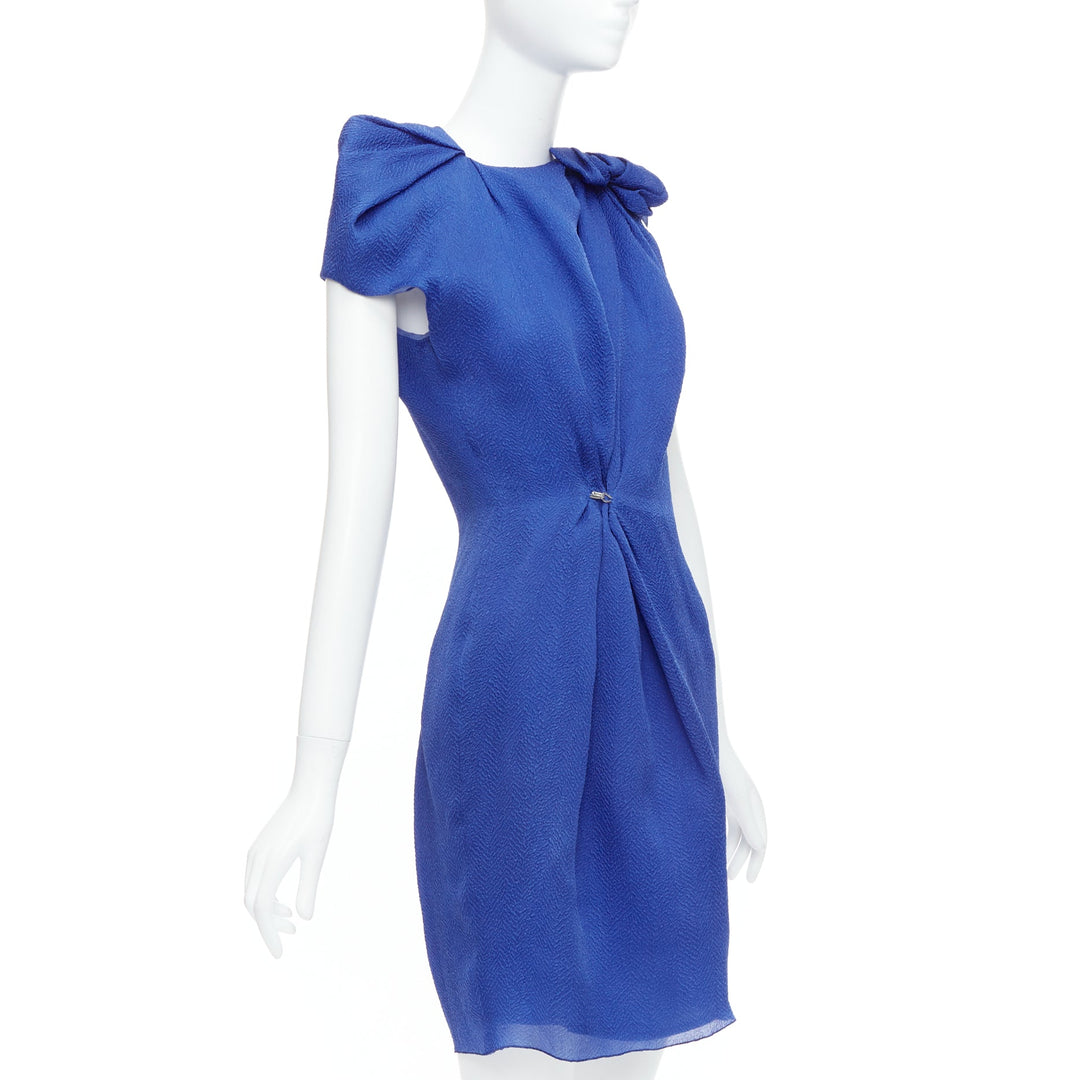 LANVIN 2009 100% silk blue asymmetric bow knot hook drape dress FR36 S