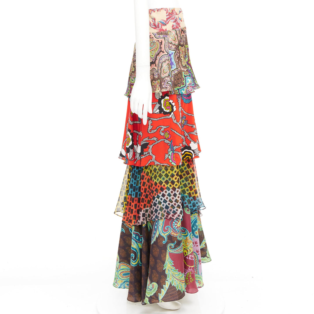 CHRISTIAN LACROIX Vintage tiered paisley patchwork silk bohemian skirt FR46 3XL