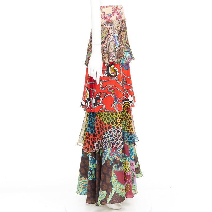 CHRISTIAN LACROIX Vintage tiered paisley patchwork silk bohemian skirt FR46 3XL