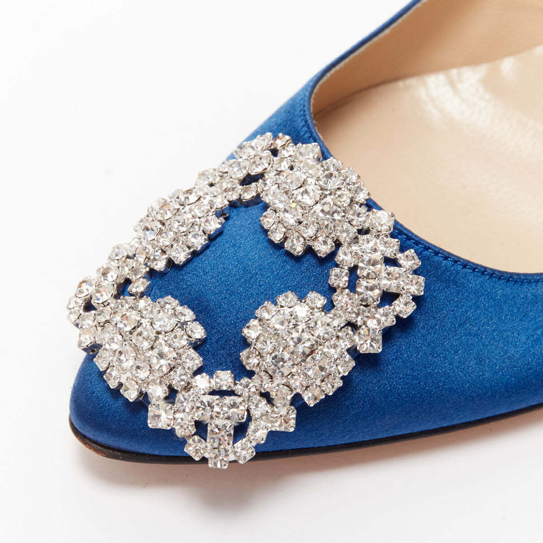 MANOLO BLAHNIK Hangisi 50 blue satin crystal buckle teacup heeled pumps EU36.5