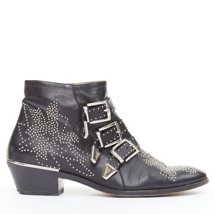 CHLOE Susanna black leather silver studded buckles rock grunge boots EU39